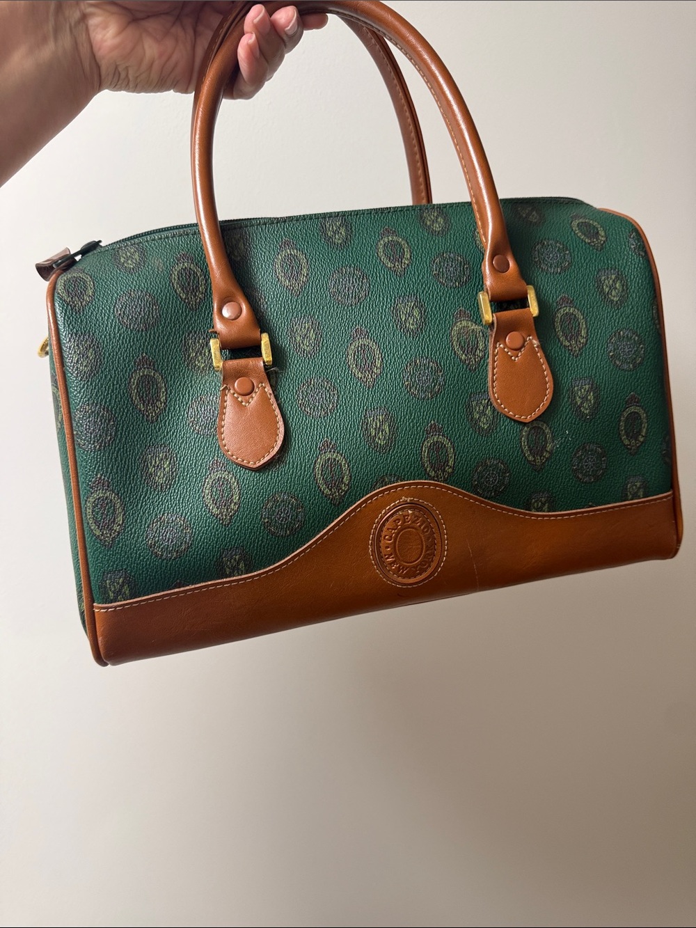Vintage Capezio Green Patterned Satchel with Tan Trim